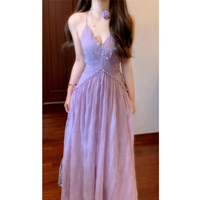 French-style Purple Halter Neck Strap Beach Vacation Elegant Beach Dress