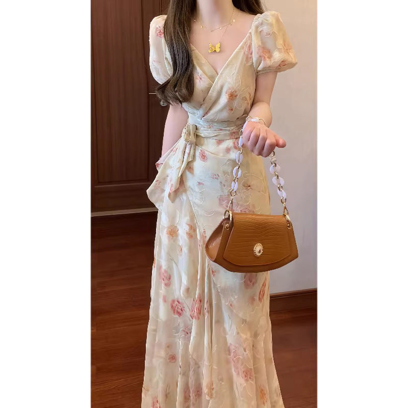 Summer French Romantic One-Piece Tie Printed Dress with Ruffled Hem Elegant Long Dress