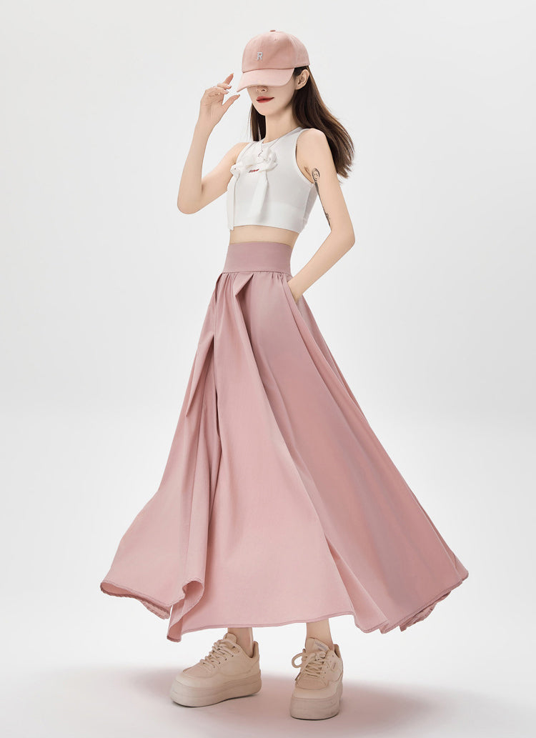 Women's Summer High Waist Maxi Skirt Korean Fashion Pockets Casual Sweet Long A-line Skirts Plain White Black Pink
