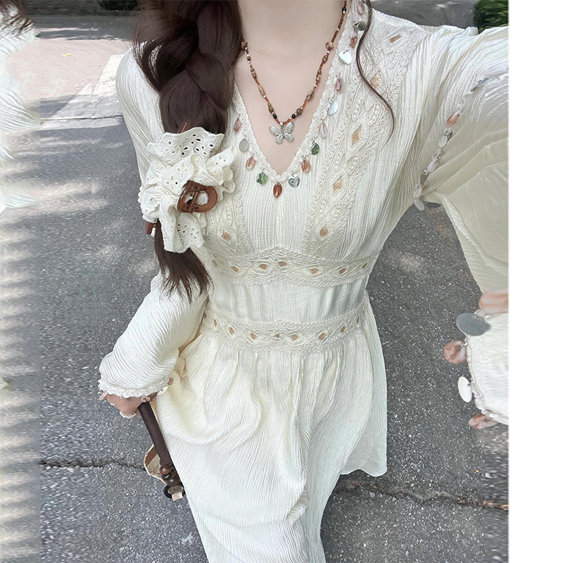 New Chinese Style V-Neck Long Sleeve Dress Women's Spring 2025 New Arrival High-End Elegant Waist-Tie Ethnic Maxi Dress