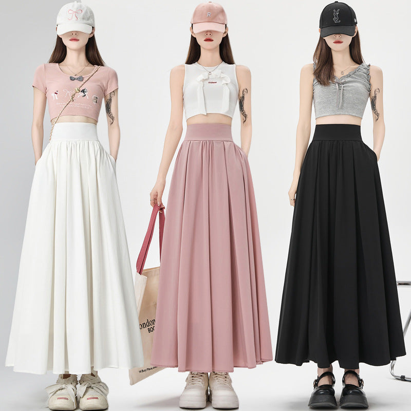 Women's Summer High Waist Maxi Skirt Korean Fashion Pockets Casual Sweet Long A-line Skirts Plain White Black Pink