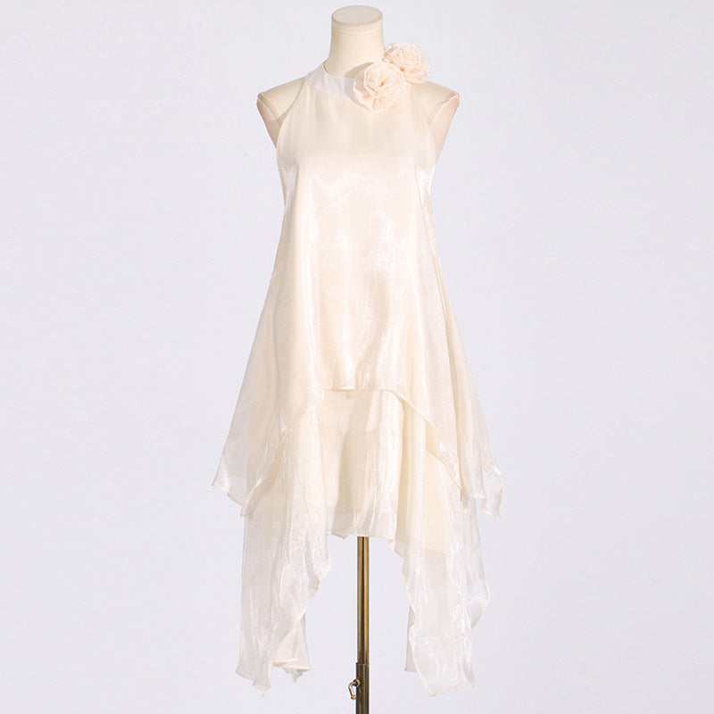Fashion Sweet Style Floral Halter Neck Design Sleeveless Irregular Satin Dress for Women