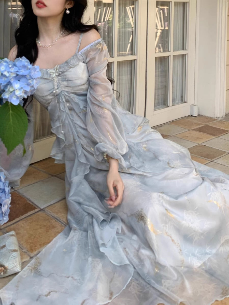 Elegant Gray Blue Gradient Fairy Butterfly Ruffle Long Sleeve Dress for Women