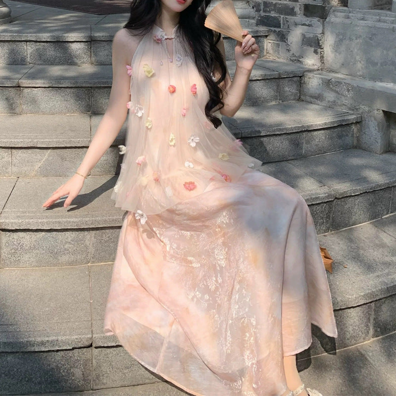 Fendai Liufang Heavy Craft Three-Dimensional Flower Halter Neck Printed Long Dress for Women Summer New Chinese Style Fake Two-Piece Off-Shoulder Dress