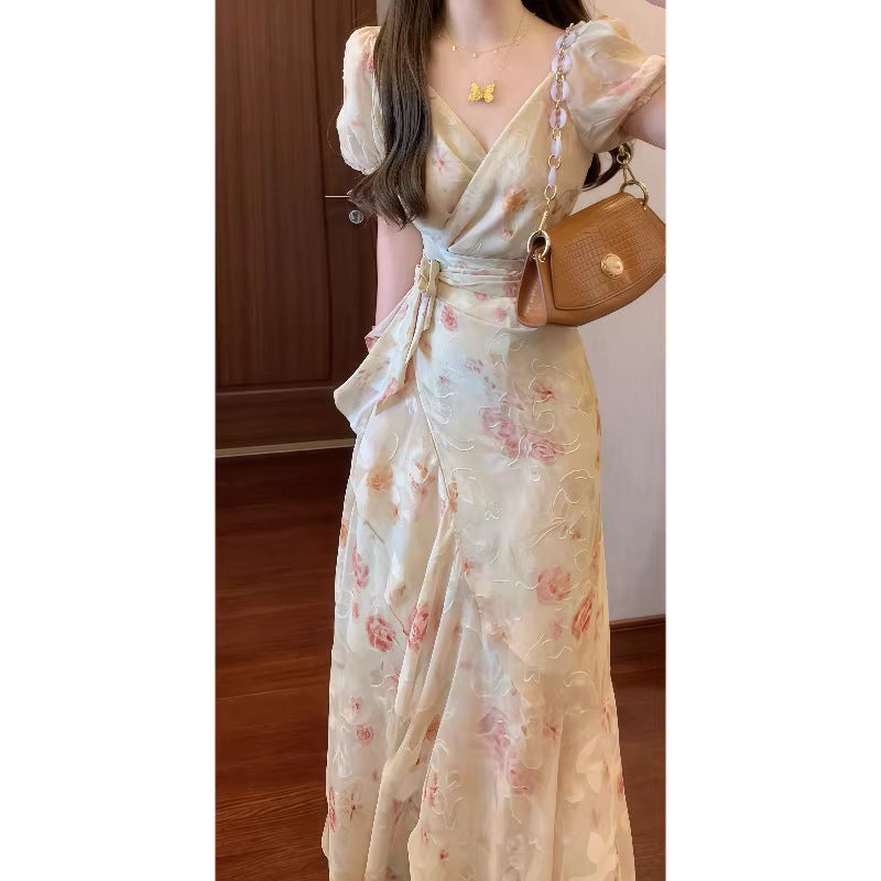 Summer French Romantic One-Piece Tie Printed Dress with Ruffled Hem Elegant Long Dress