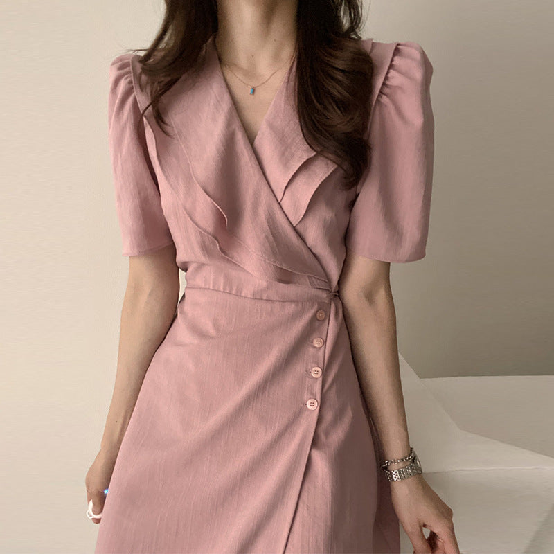 French Retro Double-Layer Collar Buckle Waist Slimming Mid-Length One-Piece Puff Sleeve Dress Women