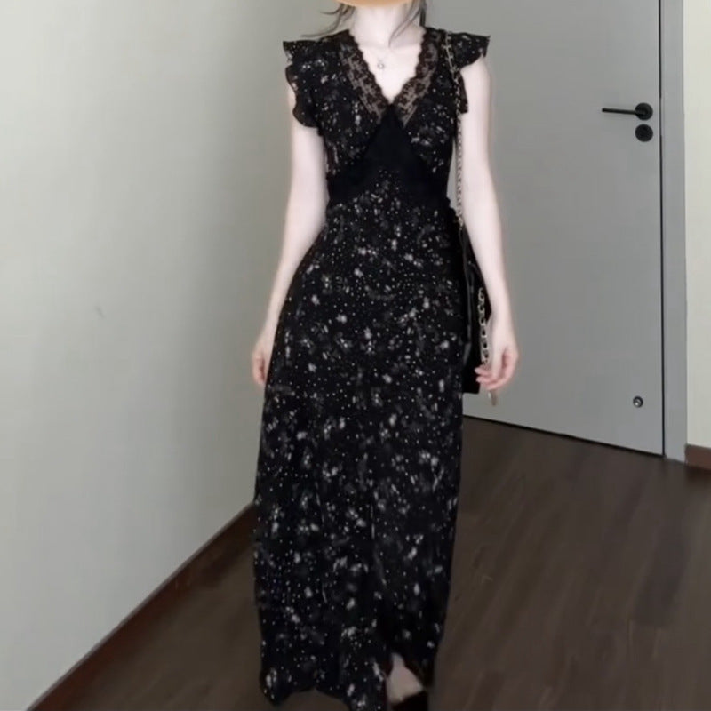 Black Lace Patchwork Floral Dress Vacation Style French Elegant Unique Beautiful Waist-Cinching Long Dress