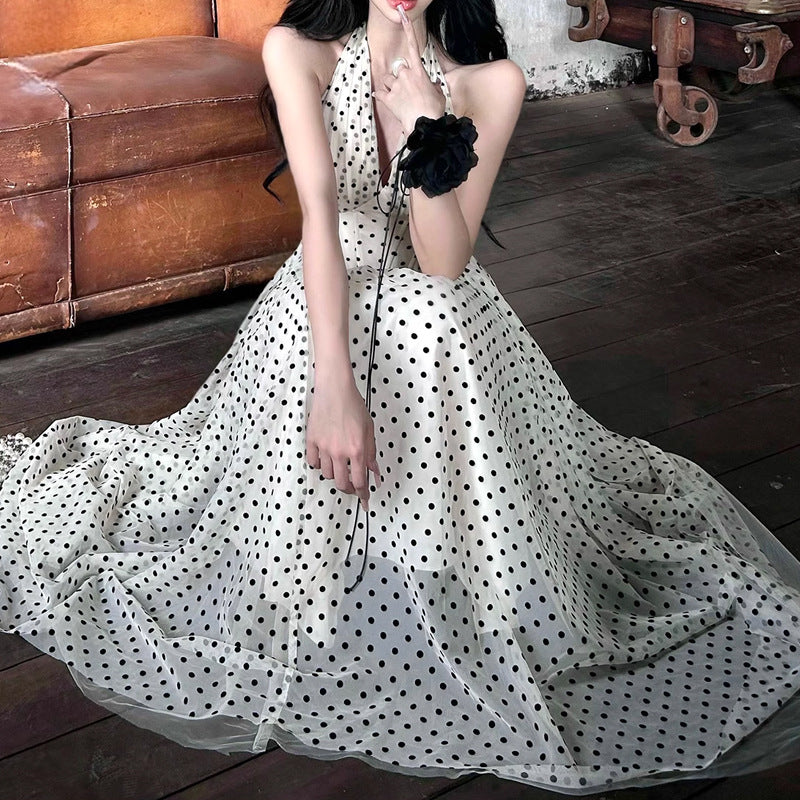 Polka Dot Halter Neck Dress for Women New Fishbone V-neck Long Dress Elegant Waist-cinching Gentle Style Trend