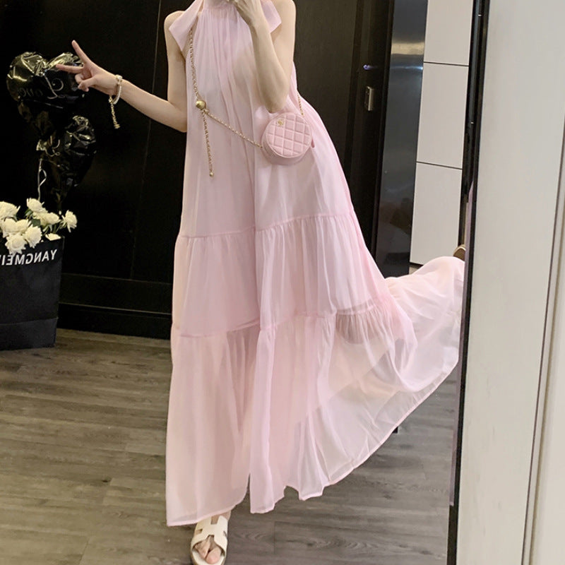 Elegant French Style Neck Hanging dress Bow Design Sense Salt Sweet Age-reducing Super Fairy Long Dress for Children
