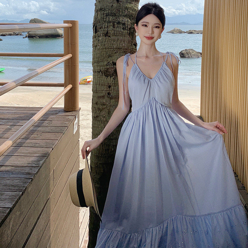 Sanya Beach Dress Light Blue Hollow Embroidery Strap Dress Summer Super Fairy Flowing Vacation Style Elegant Long Dress
