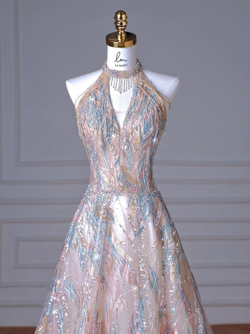 French Style Halter Neck Evening Dress New Light Luxury Niche Style Toast Dress Bride Banquet Dress