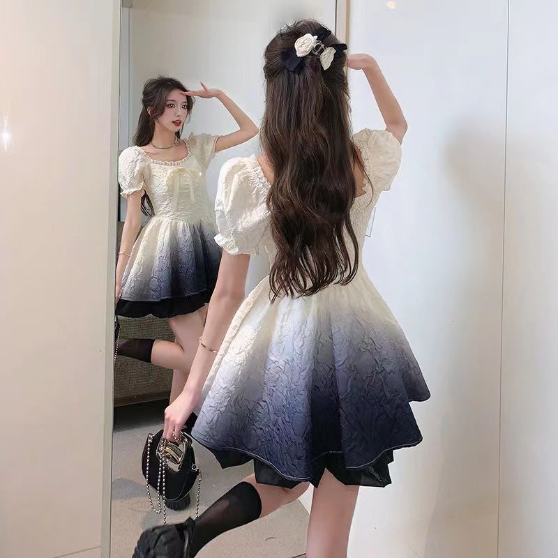 Sweet Gradient Princess Puffy Dress Summer New French Style Petite Waist Slimming Pure Desire