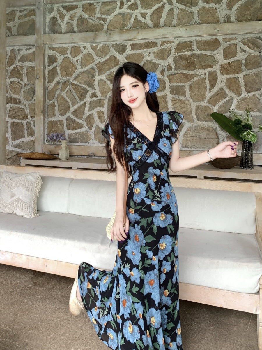 Plus Size Women's Summer Vacation Style Lace Elegant V-Neck Small Flutter Sleeve Rose Print Dress