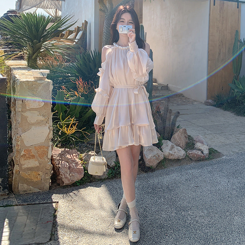Apricot Super Fairy Halter Off-the-Shoulder Dress Women's Long Sleeve Spring New French Vacation Style Princess Dress Pettiskirt