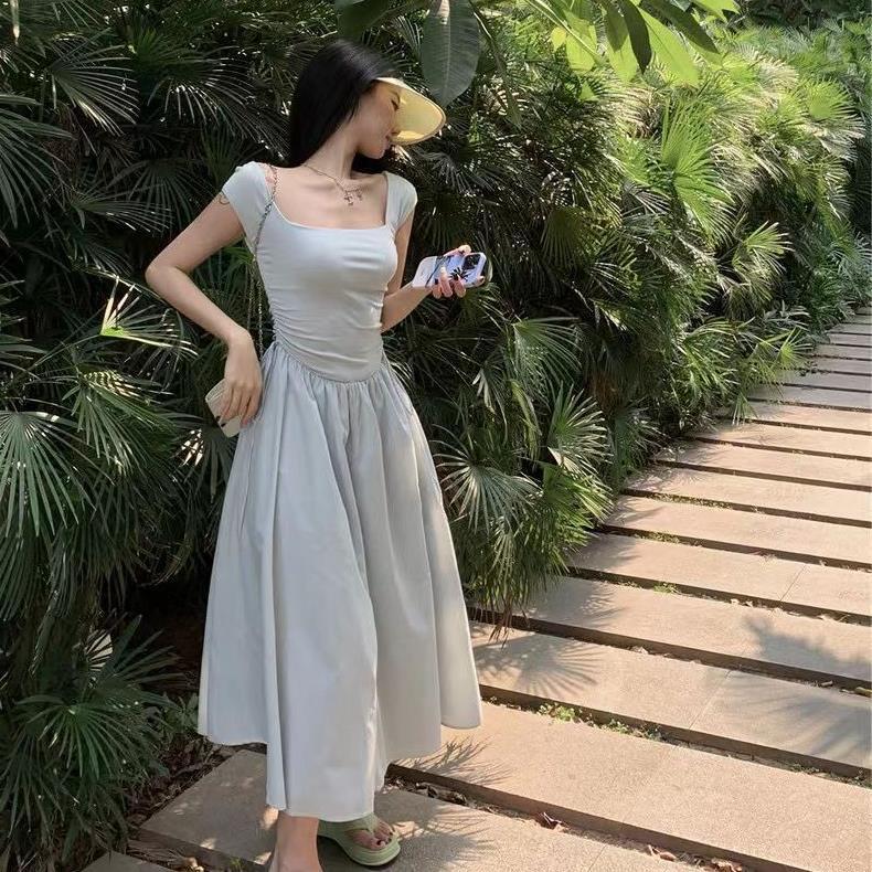 Square Neck White Dress for Women, Summer French Style, Waist-Cinching Slimming A-Line Dress, Design Sense Drawstring Long Dress, Vacation Dress