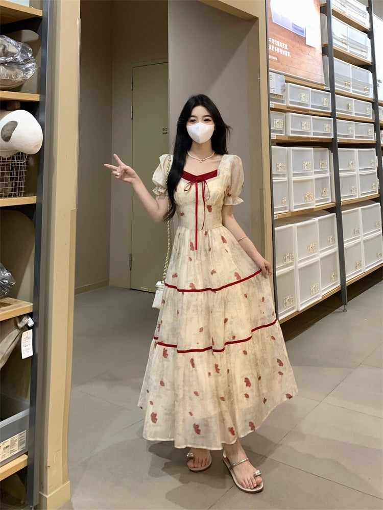 Plus Size Women's French Style Color Block Print Dress Waist Slimming Square Neck First Love Long Dress