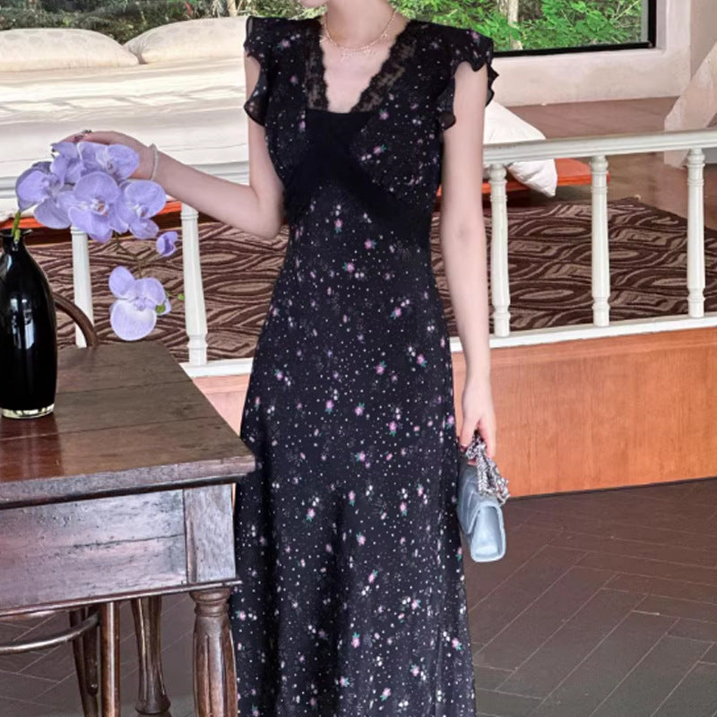 Black Lace Patchwork Floral Dress Vacation Style French Elegant Unique Beautiful Waist-Cinching Long Dress