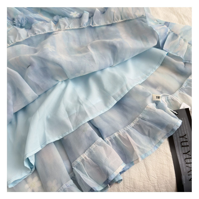 Blue Long Chiffon Printed Dress with Flutter Sleeves, French Sweet Style, Slimming Dress