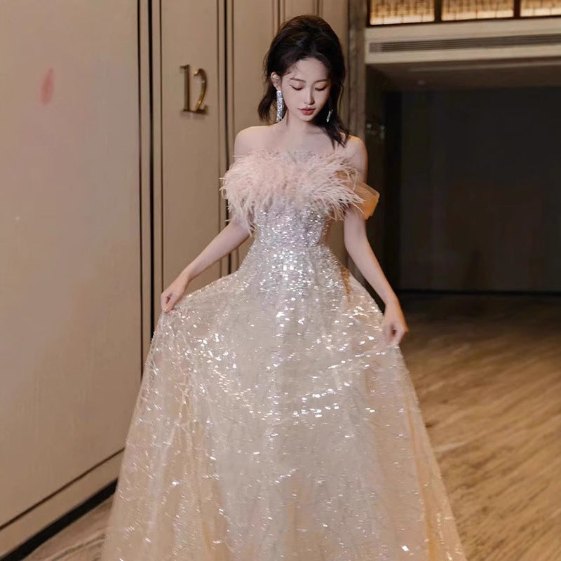 Feather off-Shoulder Evening Dress for Women 2025 New Champagne Adult Ceremony Art Exam Graduation French Engagement Toast Dress