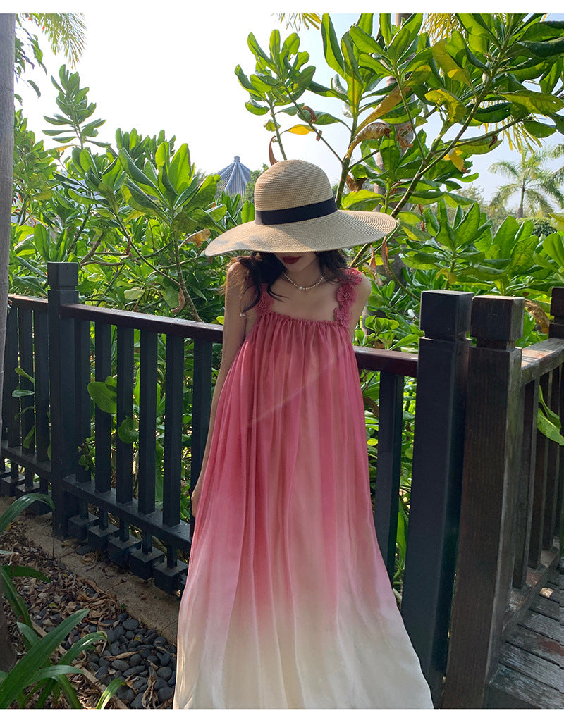 Beach Dress Sanya Vacation Strap Long Dress Pink Gradient Chiffon Dress Super Fairy