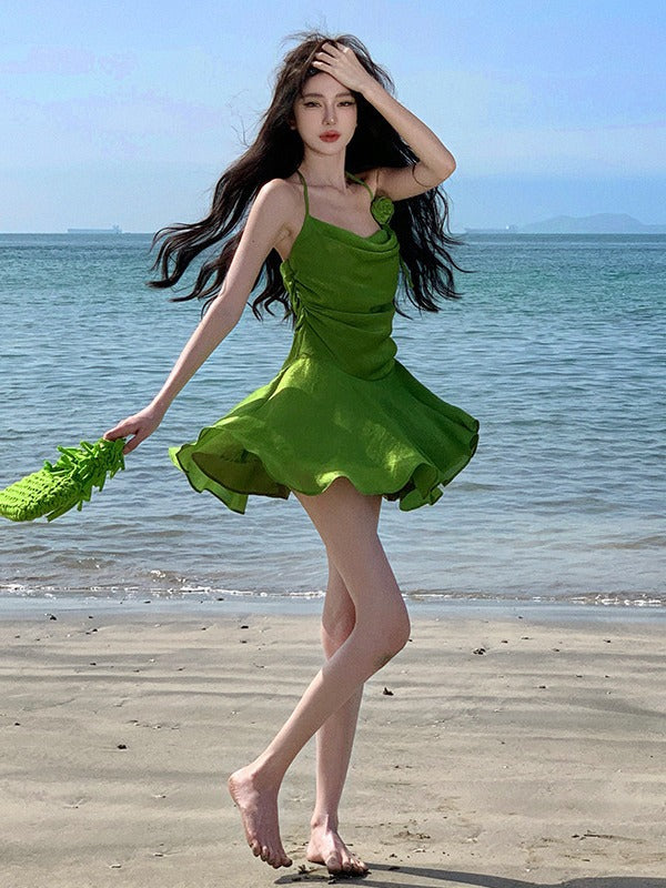 Unique and Beautiful Halter Neck Chic Strap Dress for Women, Summer Petite Slimming Ruched Vacation Beach Dress – pretty girl