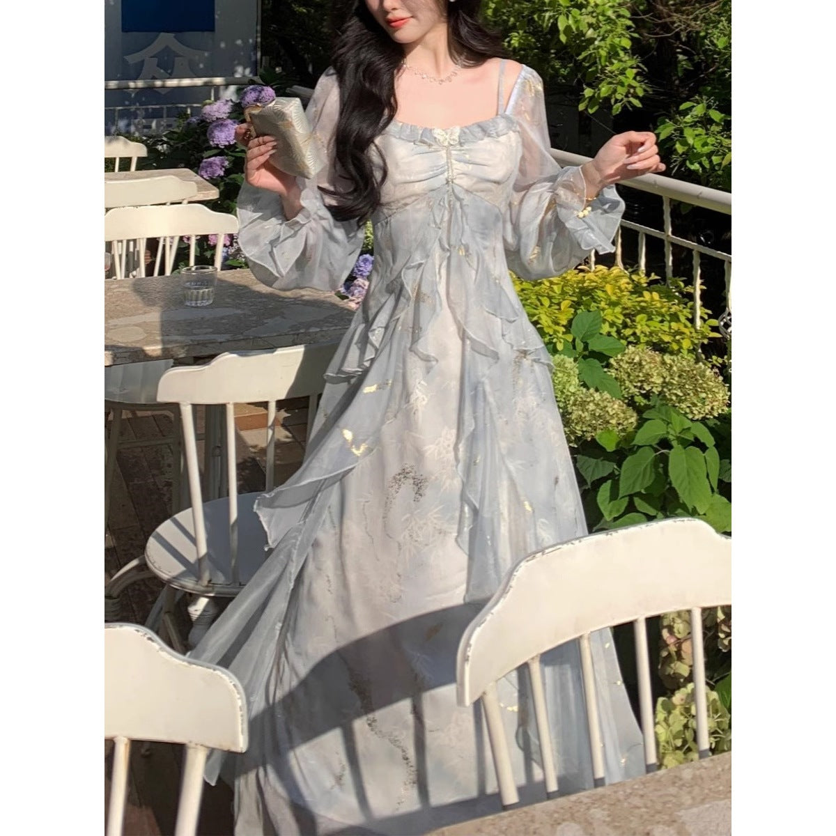 Elegant Gray Blue Gradient Fairy Butterfly Ruffle Long Sleeve Dress for Women