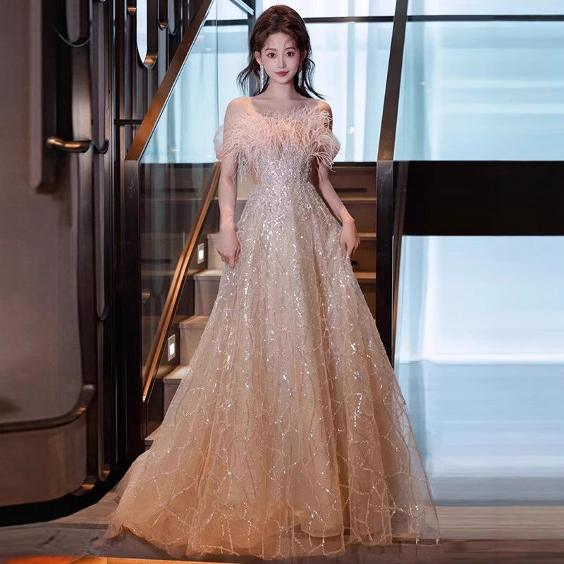 Feather off-Shoulder Evening Dress for Women 2025 New Champagne Adult Ceremony Art Exam Graduation French Engagement Toast Dress