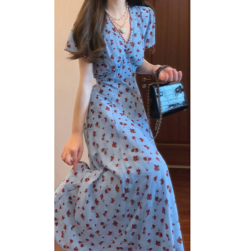 French Style Blue V-Neck Floral Dress for Women, Summer Waist-Cinching Slimming Elegant Long Dress