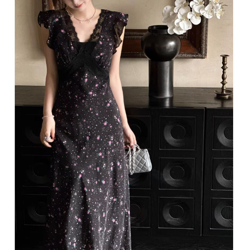 Black Lace Patchwork Floral Dress Vacation Style French Elegant Unique Beautiful Waist-Cinching Long Dress