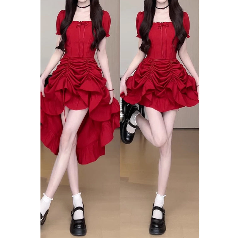 One Dress Wear More Red Cake Dress Early Summer Birthday Ancient Military Uniform French Short Sleeve Dress Waist Dress Square Collar Pleating
