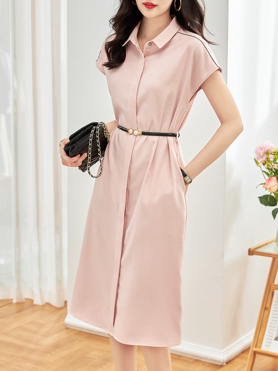 Polo Collar Contrast Color Braid Shoulder Sleeve Single Row Hidden Hook Waist Slimming Dress