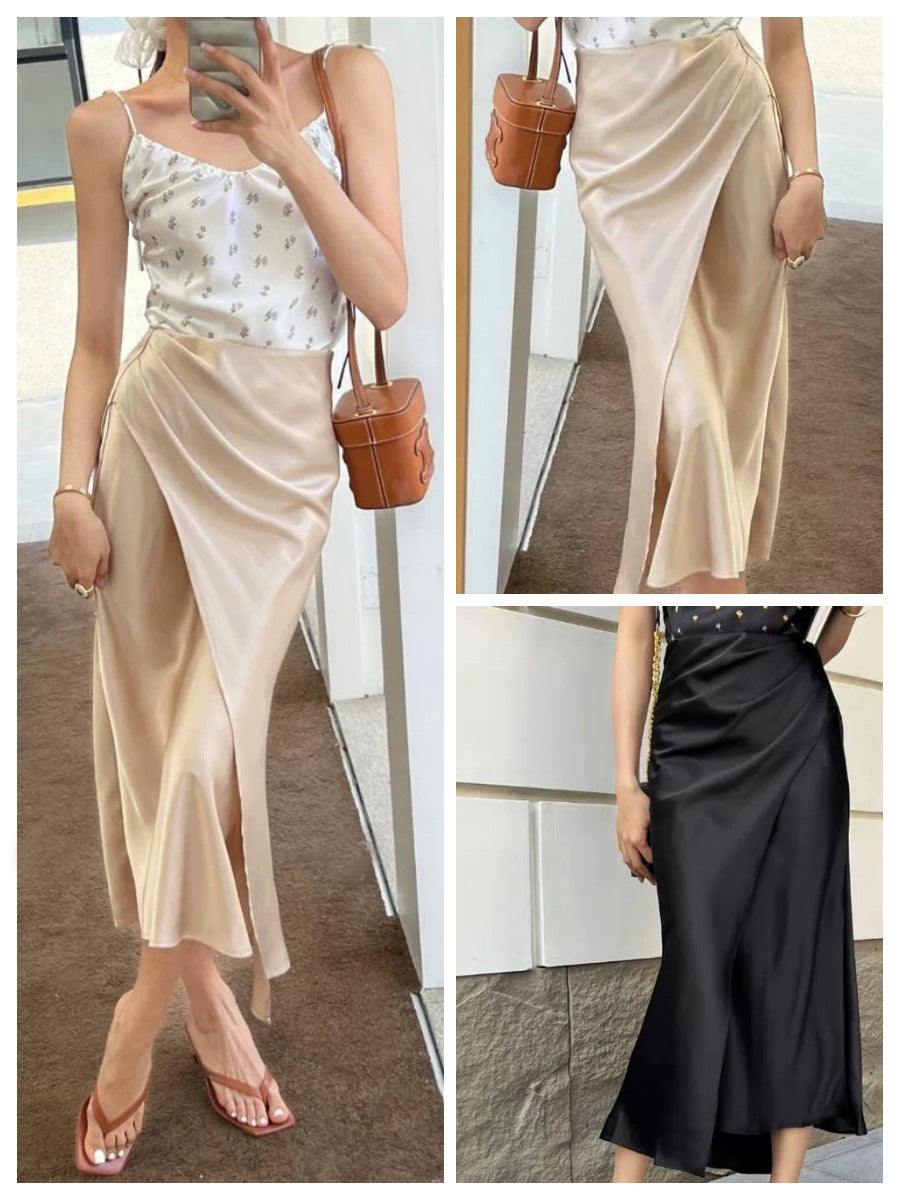 Elegant Goddess Style~Asymmetric Smooth Satin Skirt, Spring and Summer Pleated Pencil Skirt, Mid-Length Straight Skirt