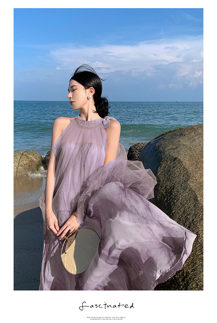 Light Raspberry Powder Jacquard Mesh Halter Fake Two Pieces Dress High Sense Morning Gowns Sleeveless Skirt
