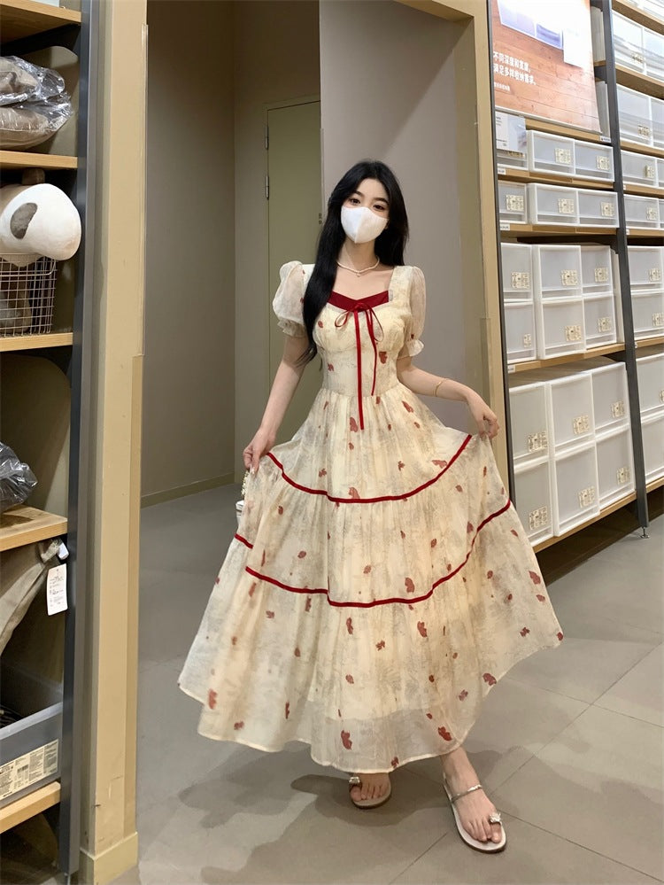 Plus Size Women's French Style Color Block Print Dress Waist Slimming Square Neck First Love Long Dress
