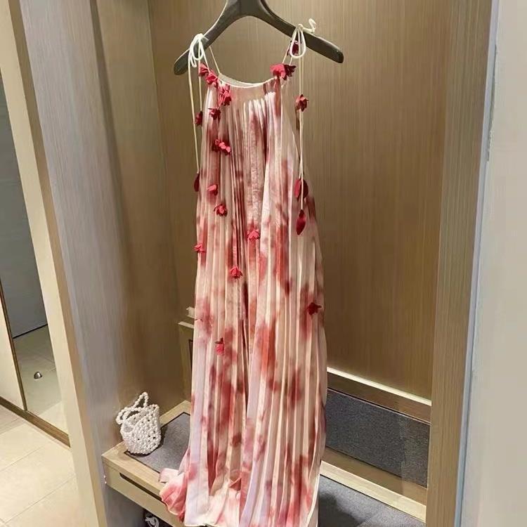 French Heavy Industry Tie-Dyed Suspenders Dress Summer Hepburn Style Loose Halter Mid-Length Fairy Skirt