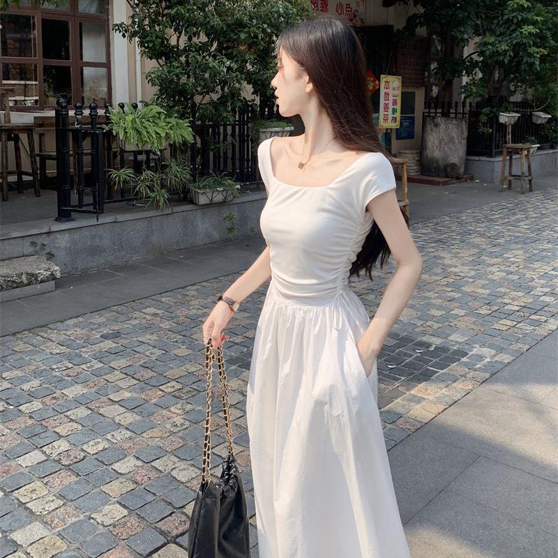 Square Neck White Dress for Women, Summer French Style, Waist-Cinching Slimming A-Line Dress, Design Sense Drawstring Long Dress, Vacation Dress