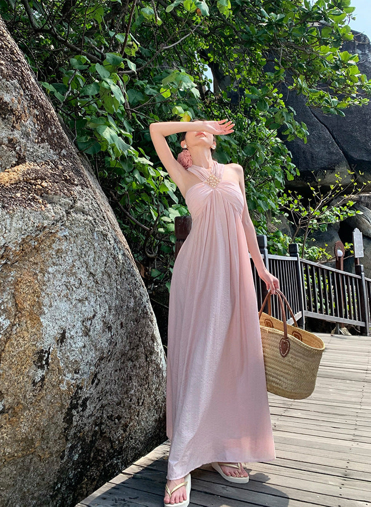 Pure Desire High-End Elegant Pink Dress for Women Summer Vacation Style Niche Design Halter Neck Vacation Slip Dress