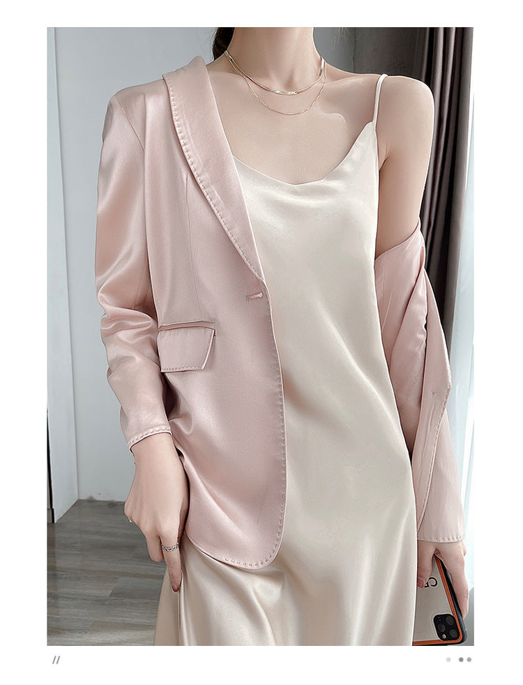 Summer New Mid-Length Sleeveless Off-Shoulder Light Luxury Mulberry Silk Acetate Satin Imitation Silk Strap Dress for Women
