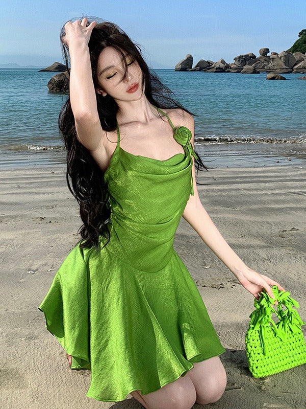 Unique and Beautiful Halter Neck Chic Strap Dress for Women, Summer Petite Slimming Ruched Vacation Beach Dress