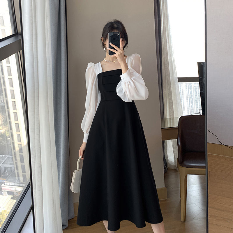 Long Sleeve Black Chiffon Dress Elegant Dress for Women New Spring Autumn Patchwork Square Neck French Style Retro Mesh Dress