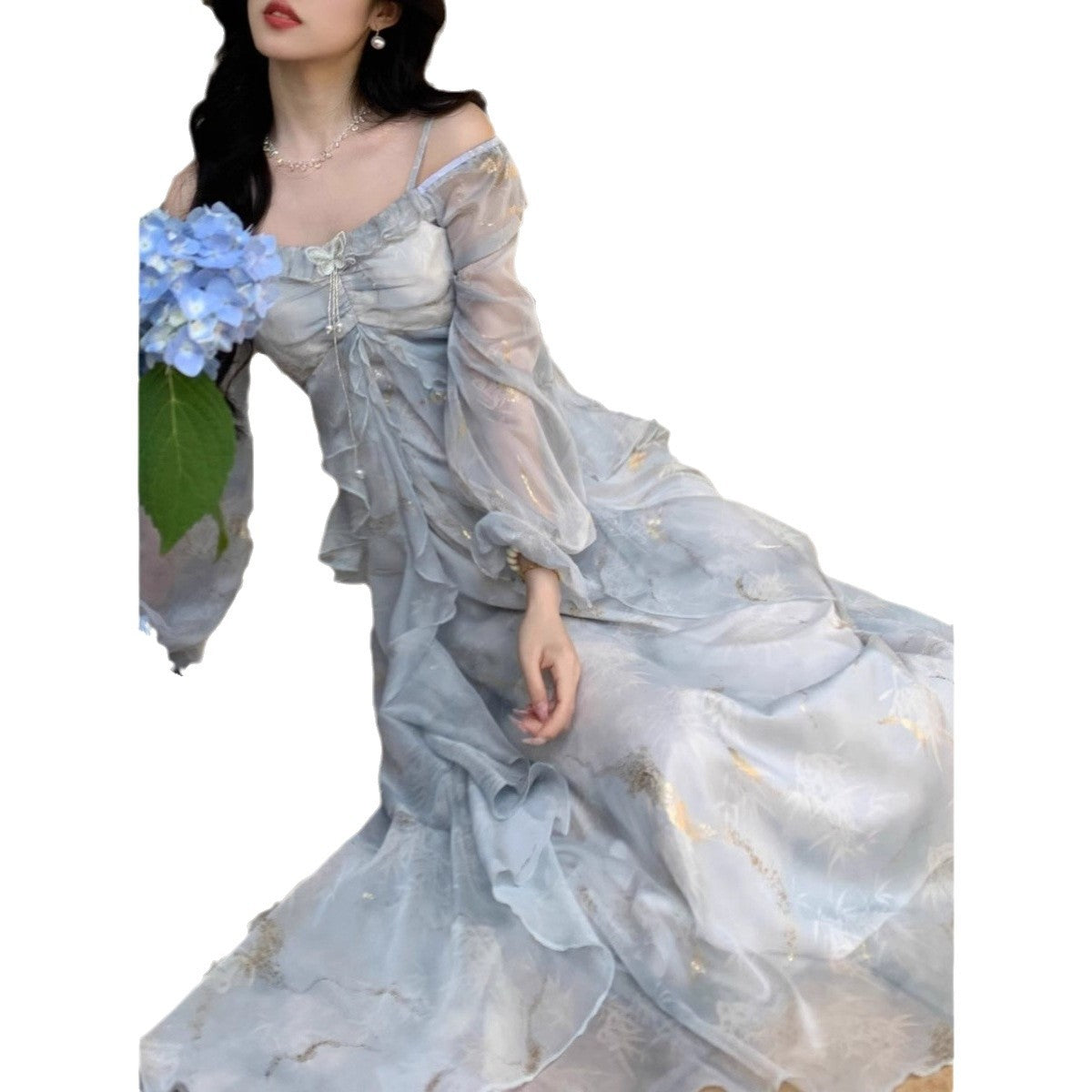 Elegant Gray Blue Gradient Fairy Butterfly Ruffle Long Sleeve Dress for Women