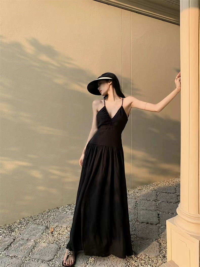 Sweet and Spicy Girl Floral Strap Dress Fairy Summer Dress Beach Vacation Backless Sexy Elegant Waist-Cinching Long Dress