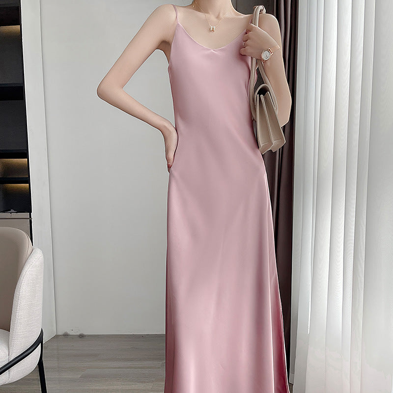 Summer New Mid-Length Sleeveless Off-Shoulder Light Luxury Mulberry Silk Acetate Satin Imitation Silk Strap Dress for Women