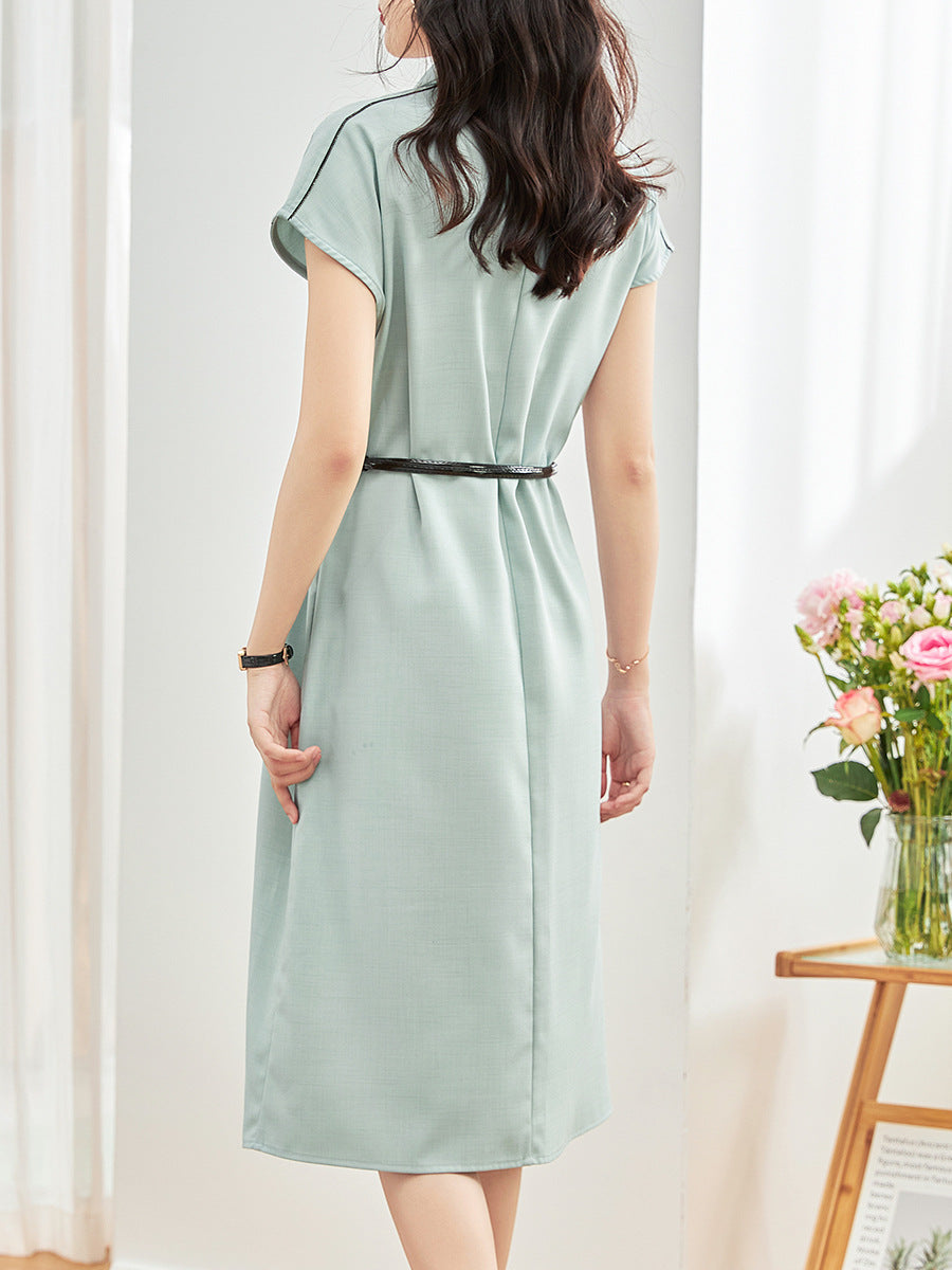 Polo Collar Contrast Color Braid Shoulder Sleeve Single Row Hidden Hook Waist Slimming Dress