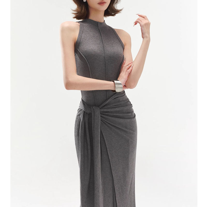 Elegant High-End Gray Modal Vest Dress Slim Fit Fake Two-Piece Bodycon Hot Girl Long Dress