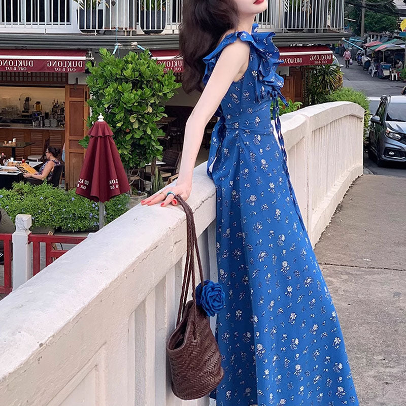 Klein Blue Romantic Floral Tie Dress That Enhances Fair Skin