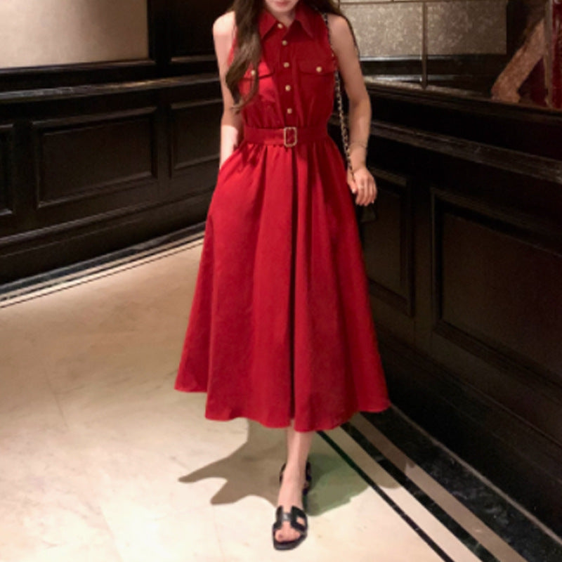 Linen + Lyocell Elegant Red Dress Shirt Dress Shirt Collar Sleeveless Single Breasted