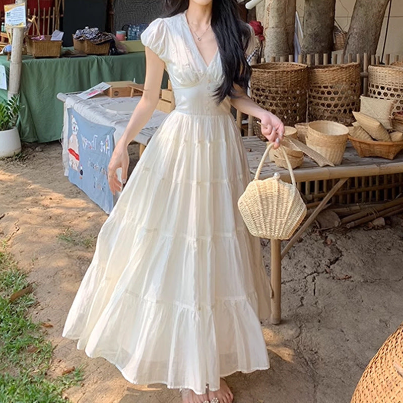 Summer V-neck Short Sleeve Waist-cinching Slimming Dress for Women with Elegant Puff Sleeves and Sweet Style