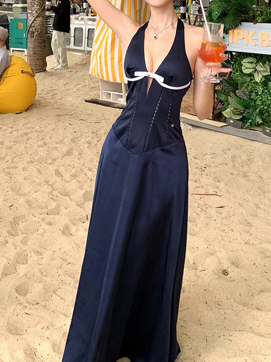 Twilight Blue Spirit French V-neck Hollow Design Waist-cinching Halter Neck Mid-length Dress