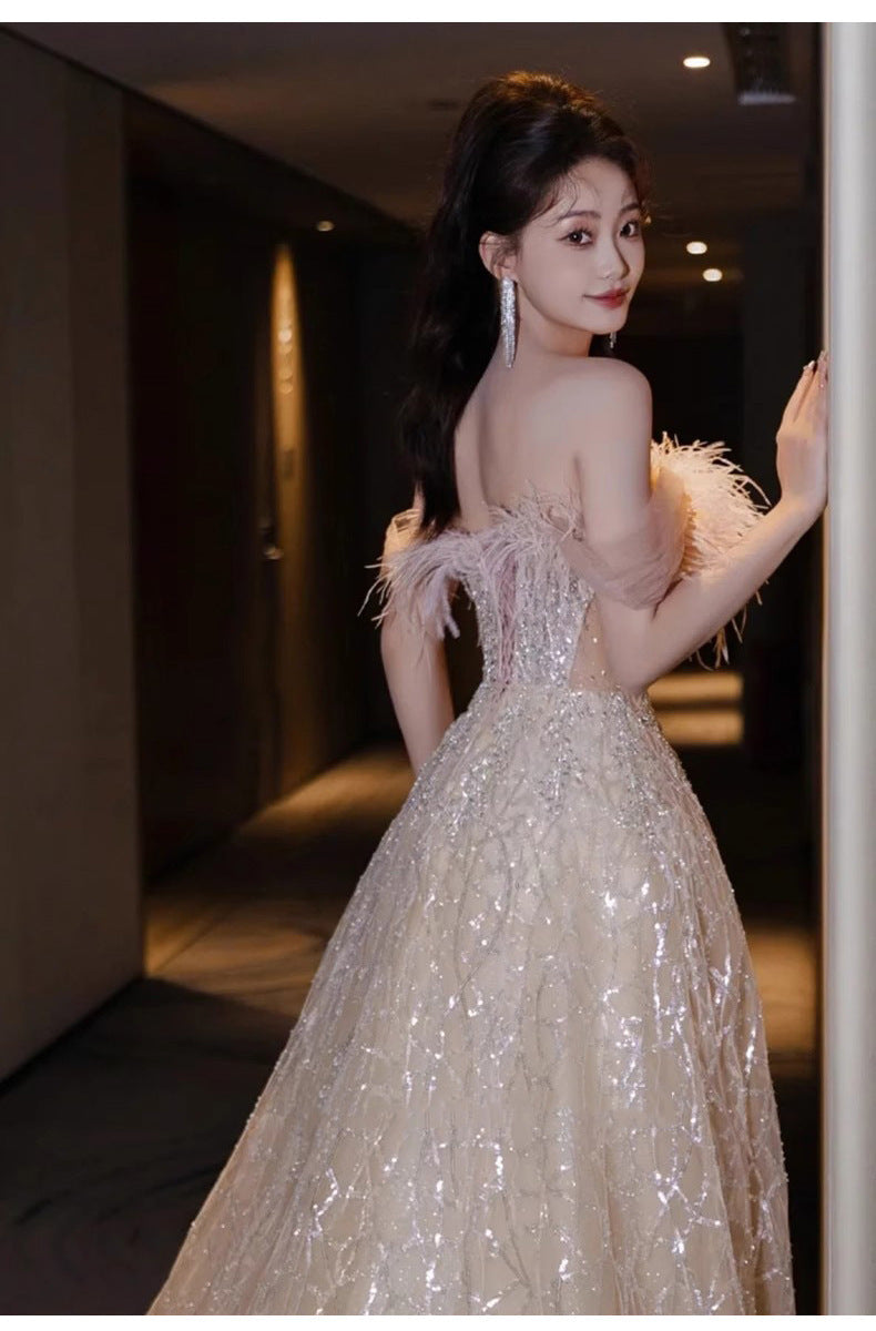 Feather off-Shoulder Evening Dress for Women 2025 New Champagne Adult Ceremony Art Exam Graduation French Engagement Toast Dress
